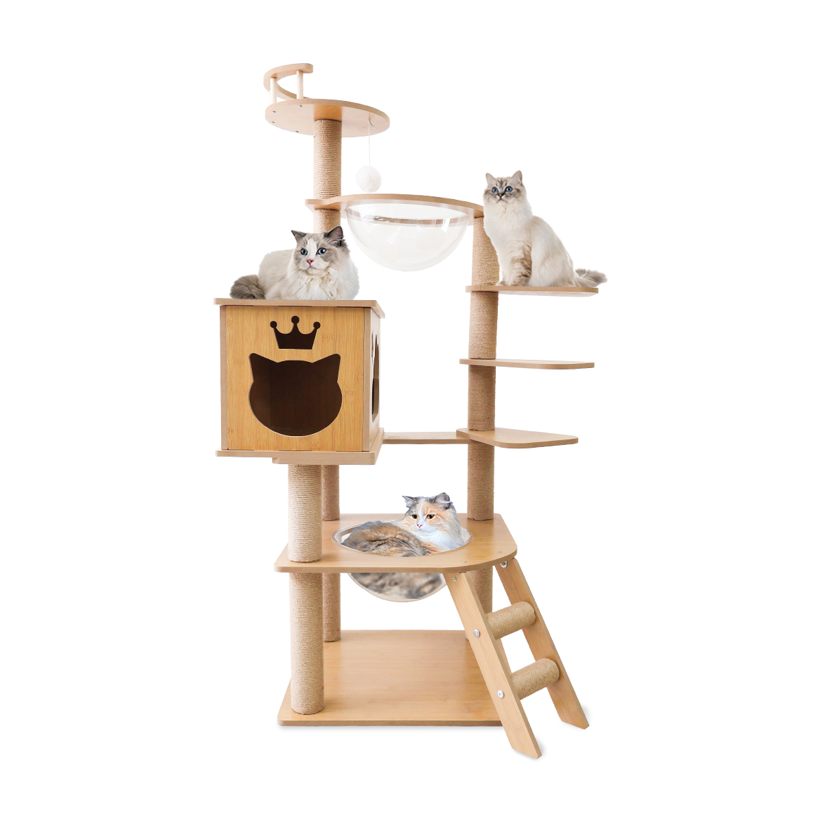 キャットタワー 木製 宇宙船 据え置き 大型猫用 キャットウォーク 猫タワー 階段 スリム 短足猫 滑り止め シニア猫 子猫 多頭飼い 高さ133cm 爪とぎ 麻 | WEIMALL | 01