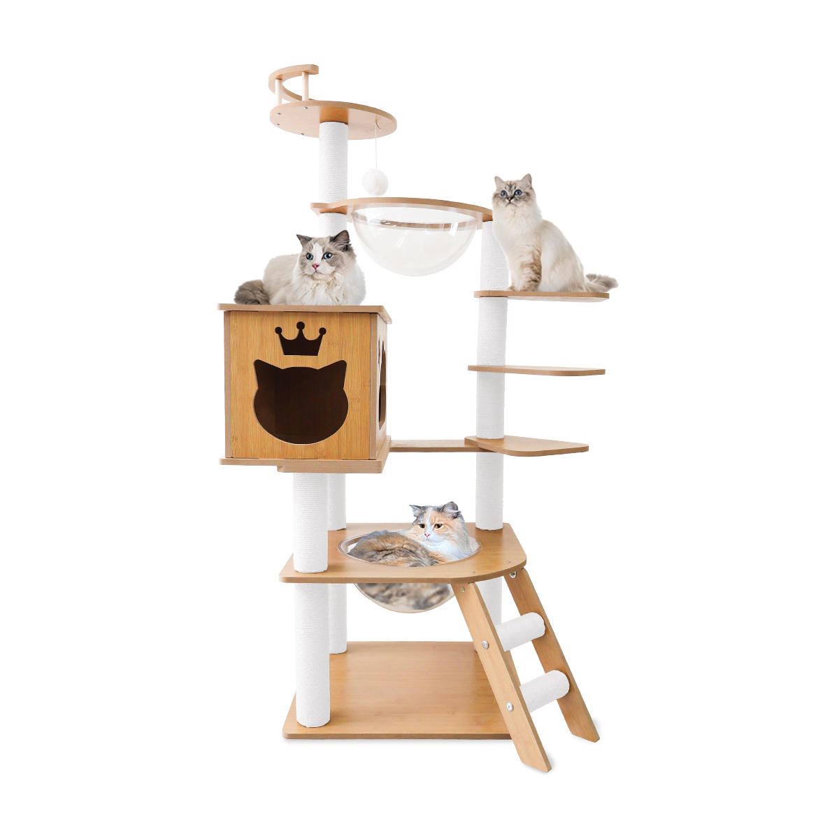 キャットタワー 木製 宇宙船 据え置き 大型猫用 キャットウォーク 猫タワー 階段 スリム 短足猫 滑り止め シニア猫 子猫 多頭飼い 高さ133cm 爪とぎ 麻 | WEIMALL | 02