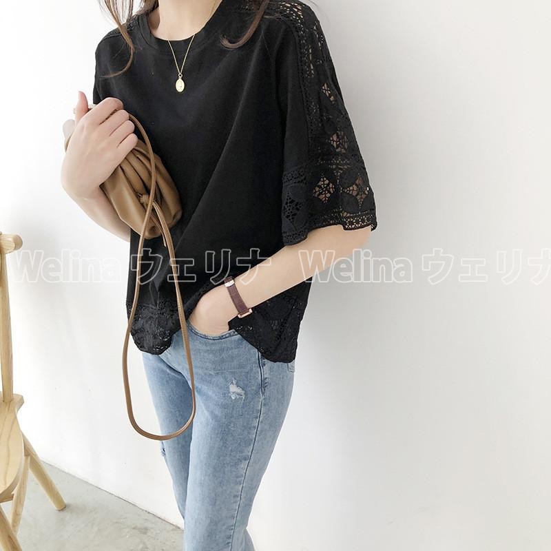 カットソー レディース  Tシャツ ブラウス シャツ tシャツ 半袖 五分袖 レース 刺繍 総レース トップス 無地 きれいめ 着痩せ 通勤 OL オフィス  おしゃれ |  | 01