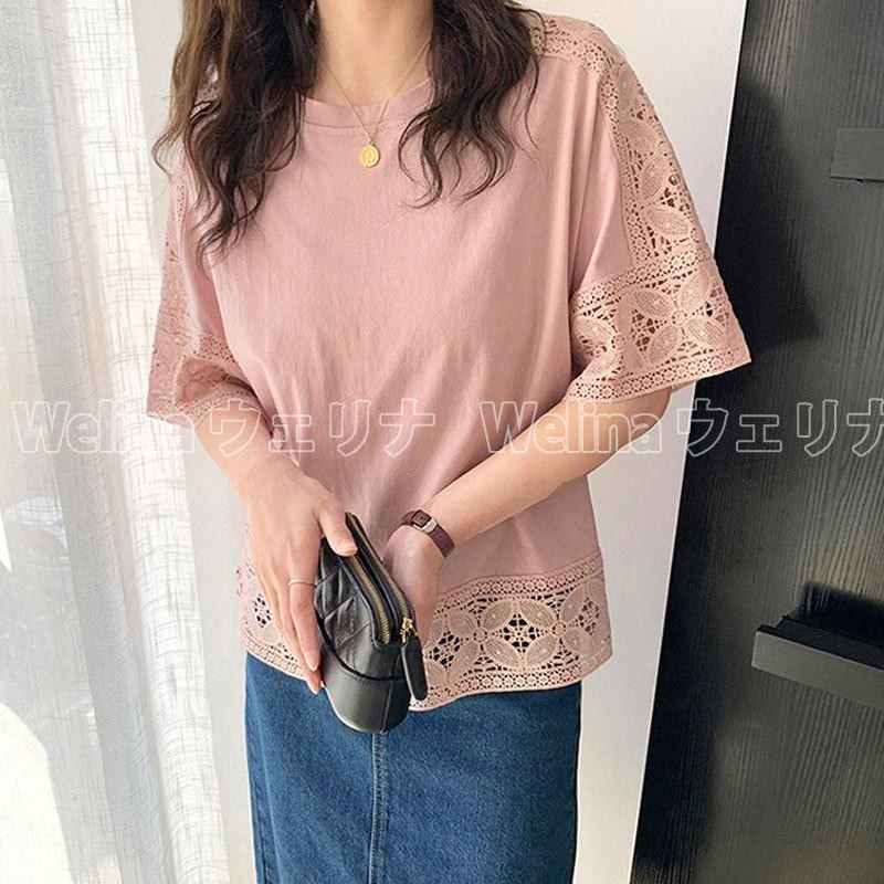 カットソー レディース  Tシャツ ブラウス シャツ tシャツ 半袖 五分袖 レース 刺繍 総レース トップス 無地 きれいめ 着痩せ 通勤 OL オフィス  おしゃれ |  | 02