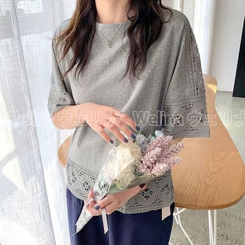 カットソー レディース  Tシャツ ブラウス シャツ tシャツ 半袖 五分袖 レース 刺繍 総レース トップス 無地 きれいめ 着痩せ 通勤 OL オフィス  おしゃれ |  | 04