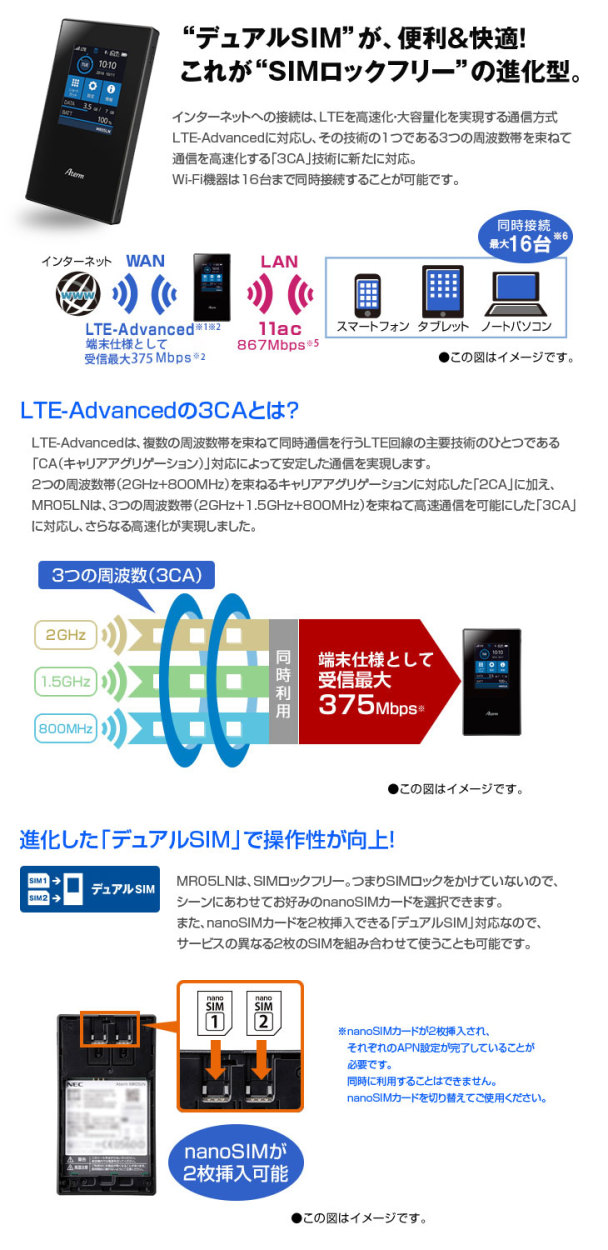 NEC Aterm MR05LN モバイルルーター自動SIM切り替え LTE [デュアルSIM 