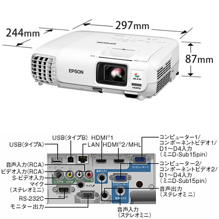 使用時間600h以下】EPSON 液晶プロジェクター EB-950W 3000lm WXGA