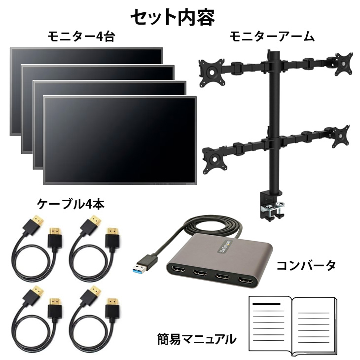 デイトレPC ＋ ２２ワイドモニター４台 ＋ アーム トレーディングPC4 FX 株 デイトレ 仮想通貨 22型×4画面マルチ