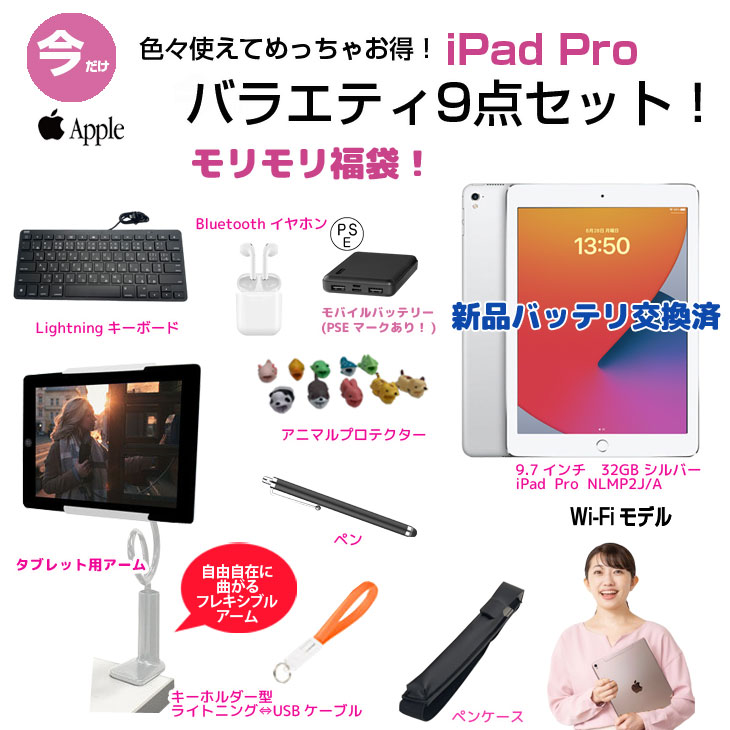 【iPadPro 便利に使える付属品付もりもり9点福袋 】【新品バッテリに交換済】Apple iPad Pro Wi-Fiモデル 32GB A1673  NLMP2J/A iPadOS 16.6 シルバー