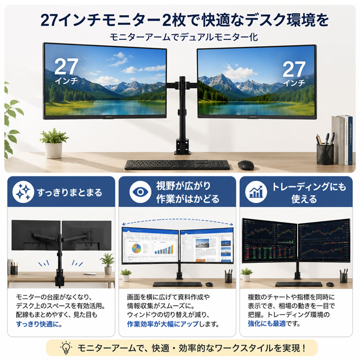 JAPANNEXT（ジャパンネクスト） JAPANNEXT 27型モニター2台＆アーム