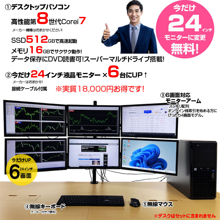 大画面24㌅ 3画面 トレーディングPCフルセット【win11正規対応】T306 日本HP 【9/3-14まで24型液晶にUP】トレーディングPC FX 株 デイトレ 6