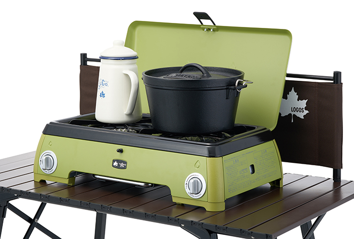 アウトドア等／折りたたみポータブルガスコンロ／緑色／コンパクト設計 LOGOS（ロゴス） カセットコンロ ミニ 2口 ボンベ おしゃれ アウトドア