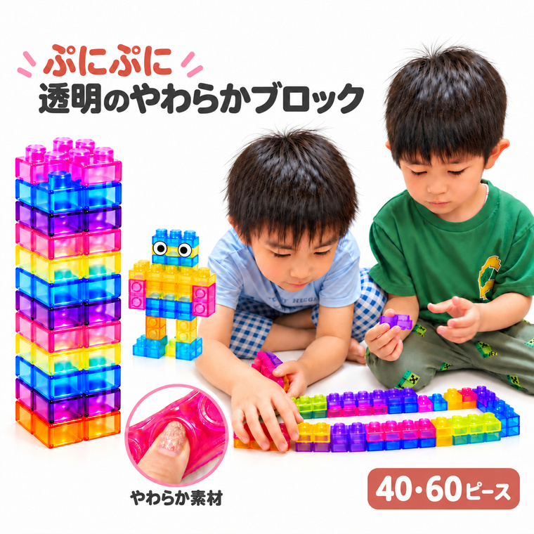 ぷにぷにブロック やわらかブロック 透明 クリア スクイーズ 40ピース 60ピース 知育玩具 おもちゃ 女の子 男の子 3歳 プレゼント ギフト 秋