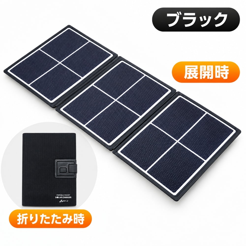 ソーラー充電器 7W 折りたたみ air-J ブラック SunPower社製パネル