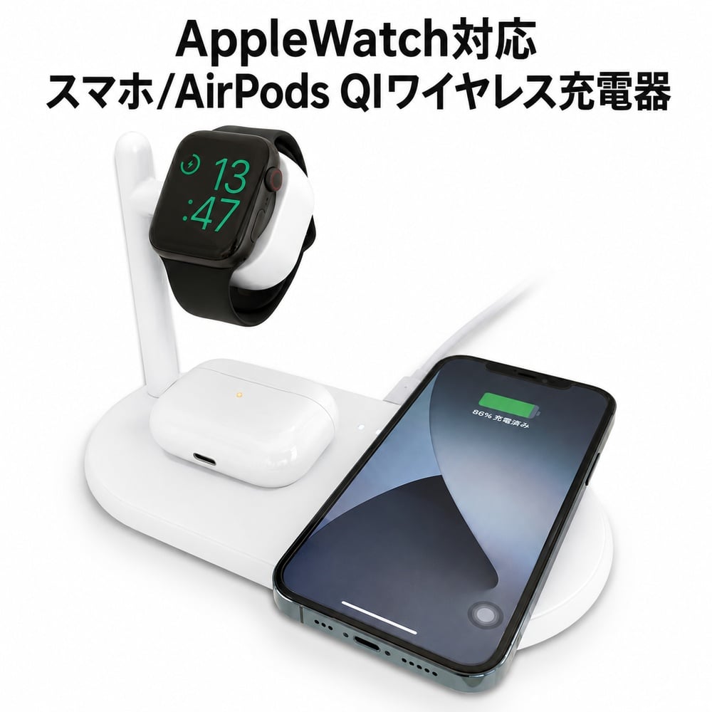 AirPods本体 ホワイト ワイヤレス充電対応 ワイヤレス充電器 Apple Watch対応 Qi air-J ホワイト スマートフォン