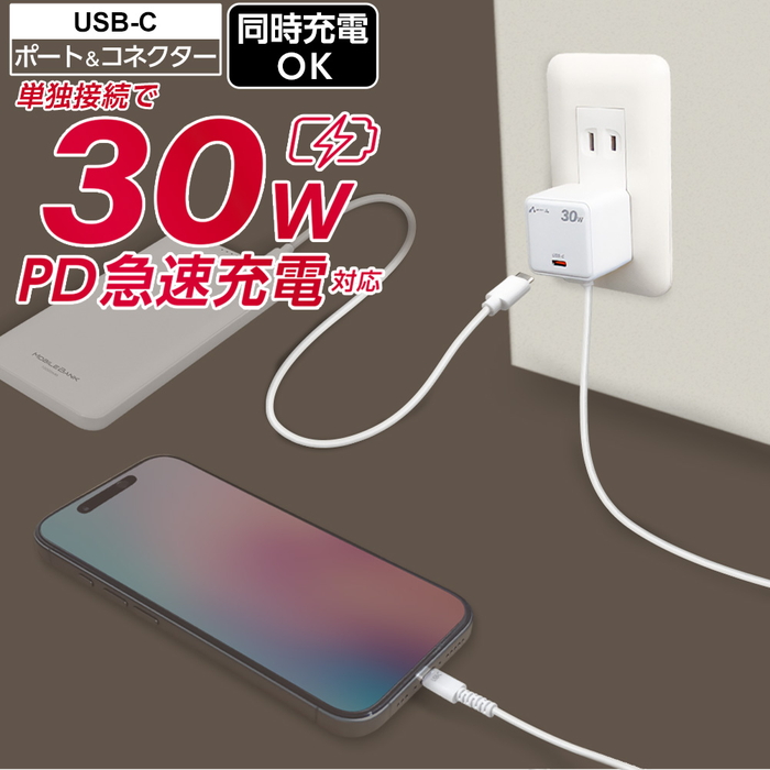 PD30W 急速充電器 2台同時充電 ACアダプター Type-C ケーブル一体型
