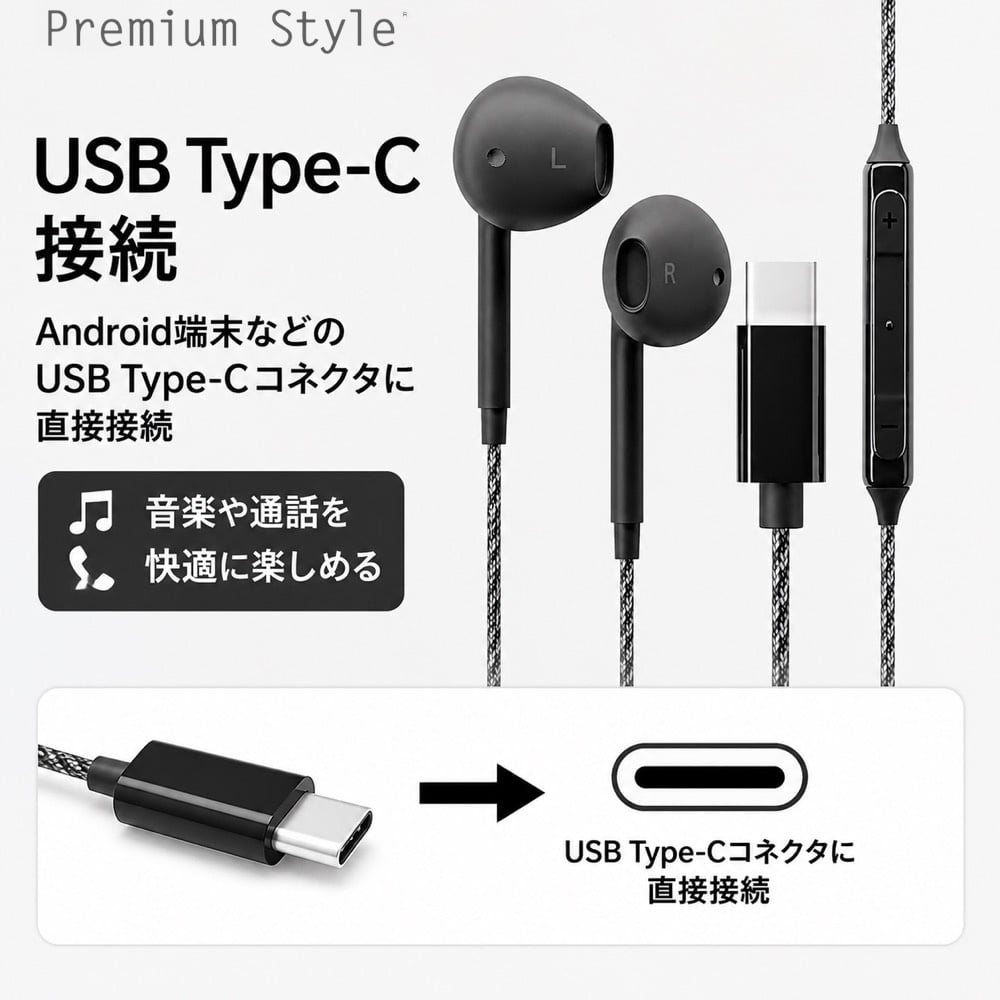 USB Type-C 有線イヤホン タフケーブル/インナーイヤータイプ Type-C