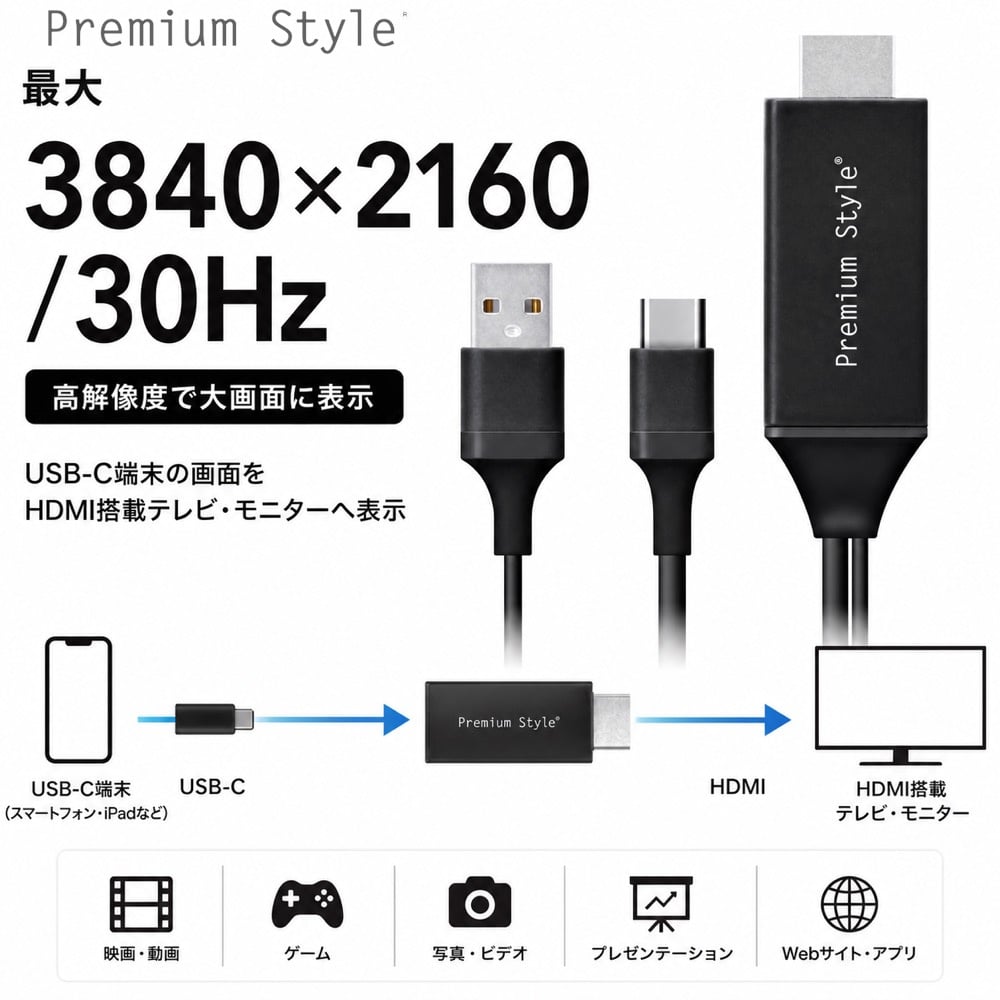 USB-Cコネクタ HDMIミラーリングケーブル 2m ブラック HDMIケーブル 4K/30Hz対応 HDCP対応 ミラーリング中の給電対応 USB Type-C入力 HDMI出力 PGA ピージーエー |  | 04