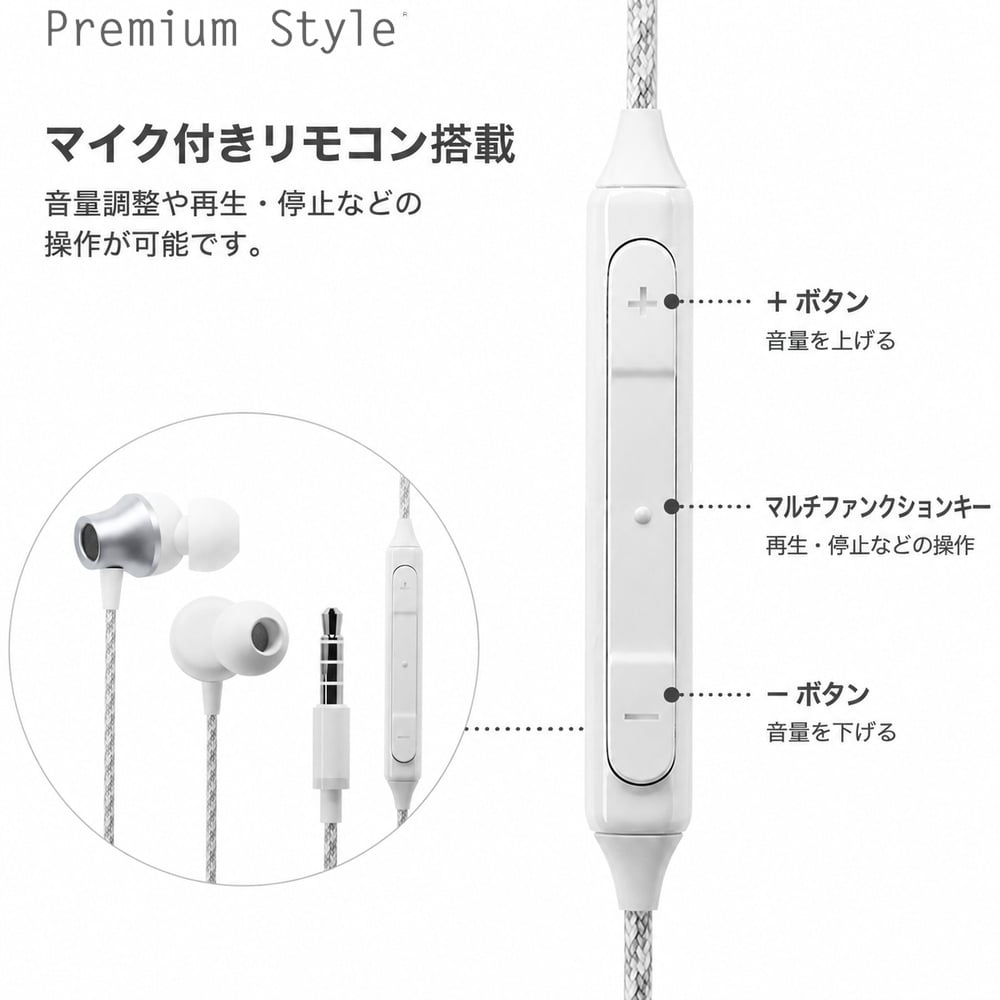 3.5mm 有線イヤホン タフケーブル/カナルタイプ ホワイト 3.5mm