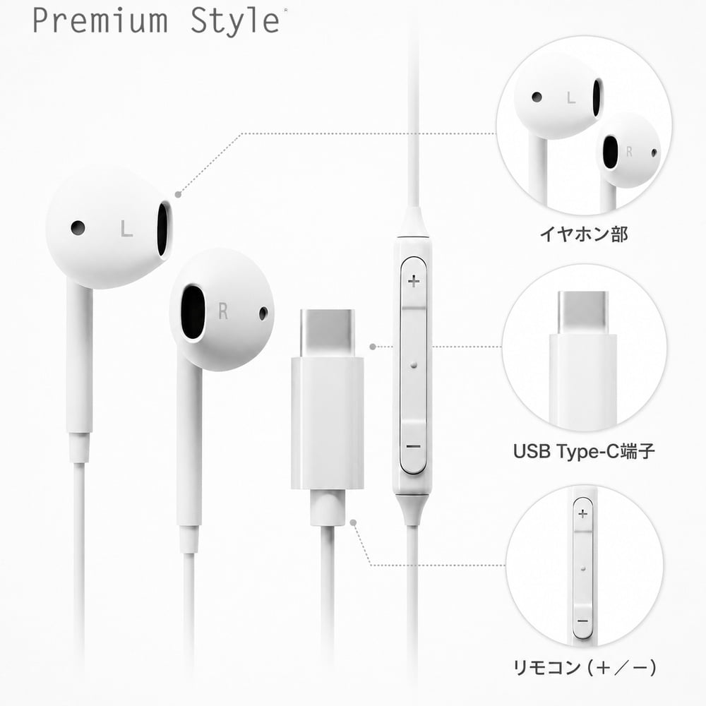 USB Type-C 有線イヤホン ホワイト Type-Cイヤホン タイプCイヤホン