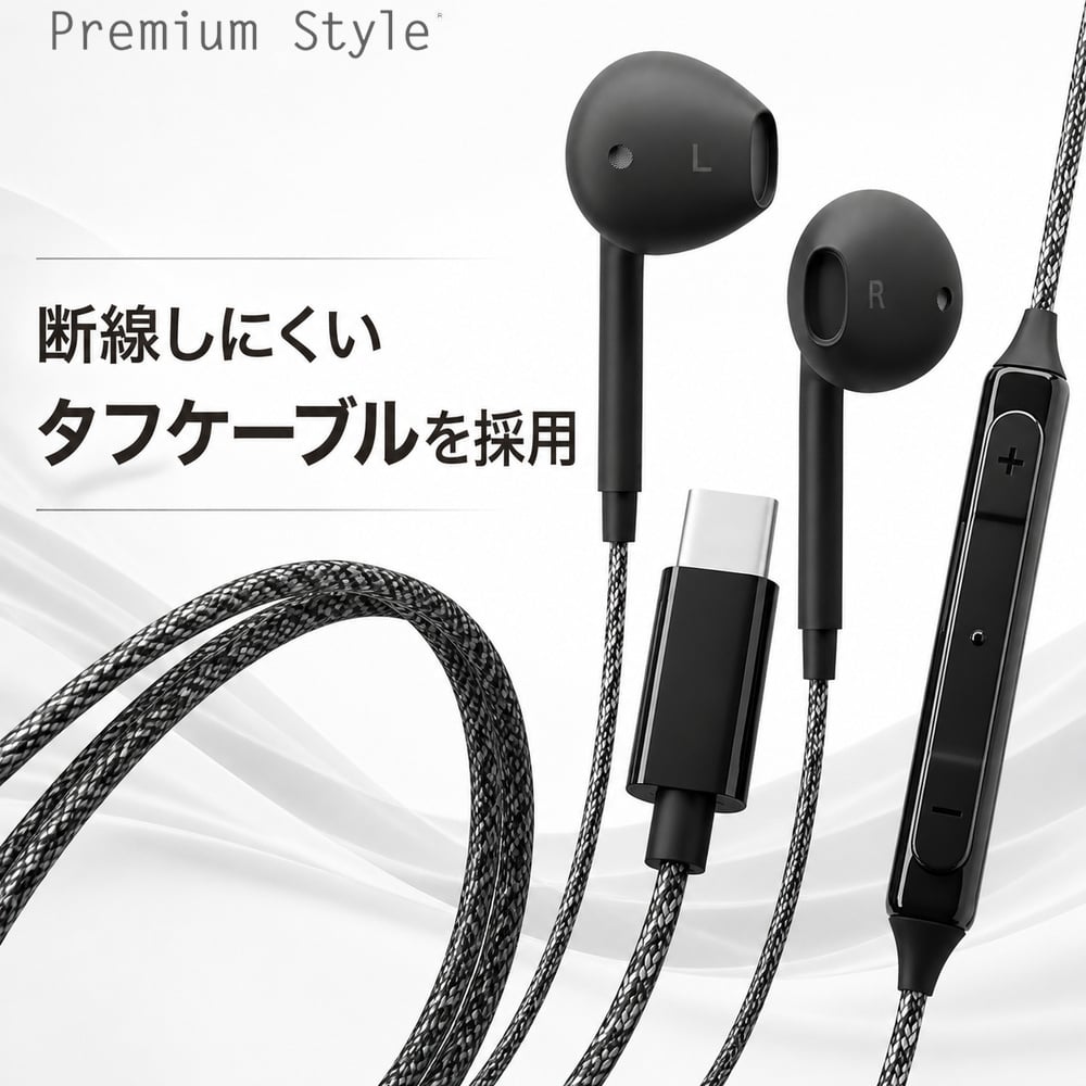 USB Type-C 有線イヤホン タフケーブル/インナーイヤータイプ ブラック
