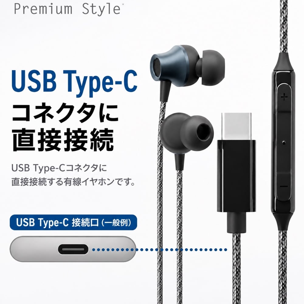 USB Type-C 有線イヤホン タフケーブル/カナルタイプ ブラック Type-C