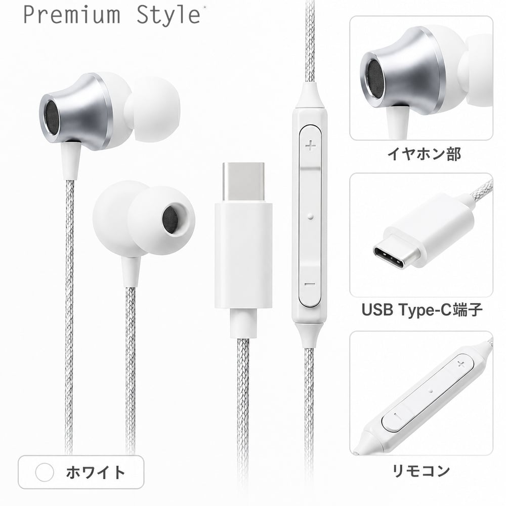 USB Type-C 有線イヤホン タフケーブル/カナルタイプ ホワイト Type-C