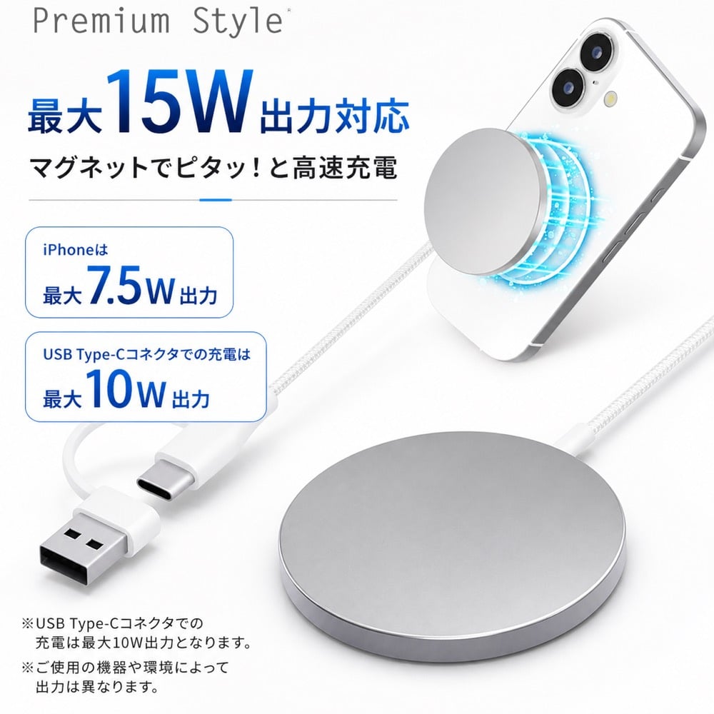 ワイヤレス充電器 USB Type-A＆C 2m ホワイト PGA 最大15W メッシュ