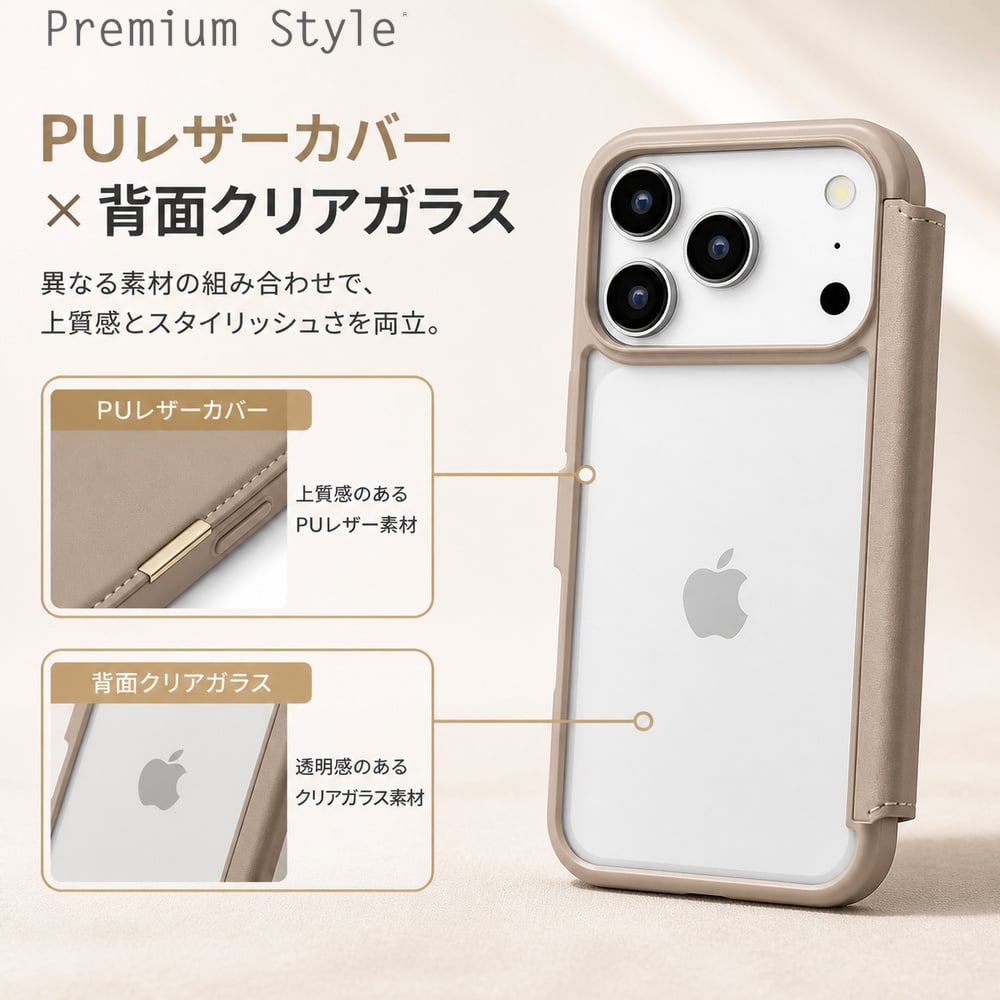 iPhone17Pro ケース 手帳型 ベージュ かわいい シンプル ストラップ