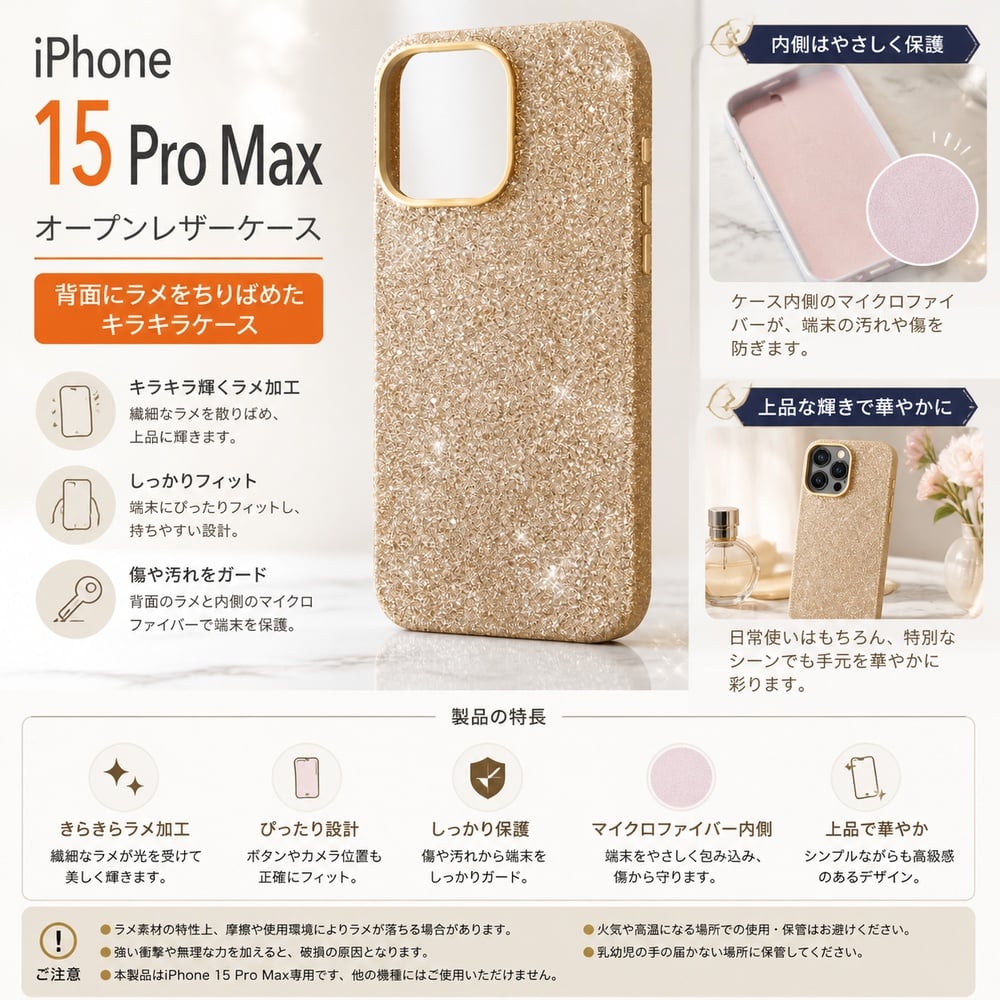 iPhone 15 Pro Max ケース ゴールド グリッター iPhone15ProMax