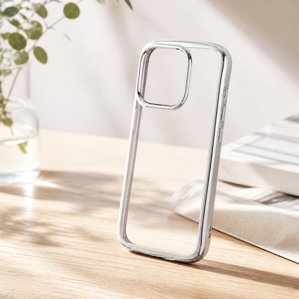【Iphone15】ショックプルーフ シルバーフレームのソフトケース　ホワイト iPhone 15 Pro ケース クリア メタリック フレーム シルバー