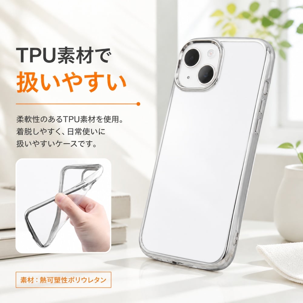 iPhone 15 Plus ケース クリア メタリック フレーム シルバー