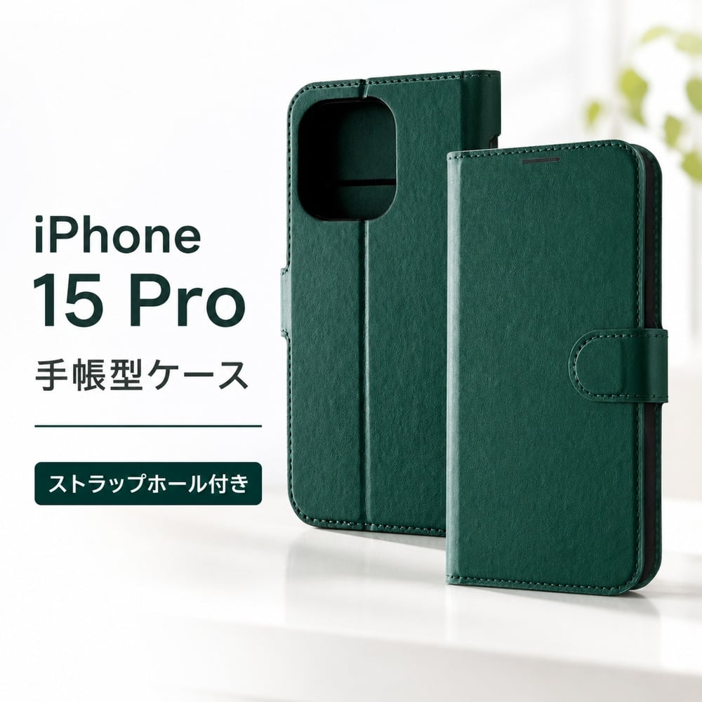 iPhone 15 Pro ケース 手帳型 シンプル グリーン iPhone15Pro 15Pro