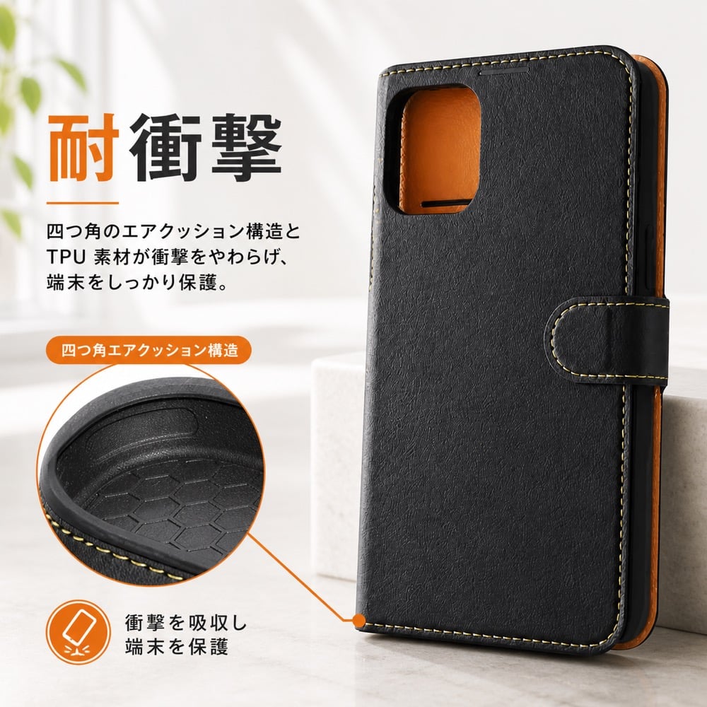 iPhone 15 Pro Max ケース 手帳型 シンプル ブラック オレンジ