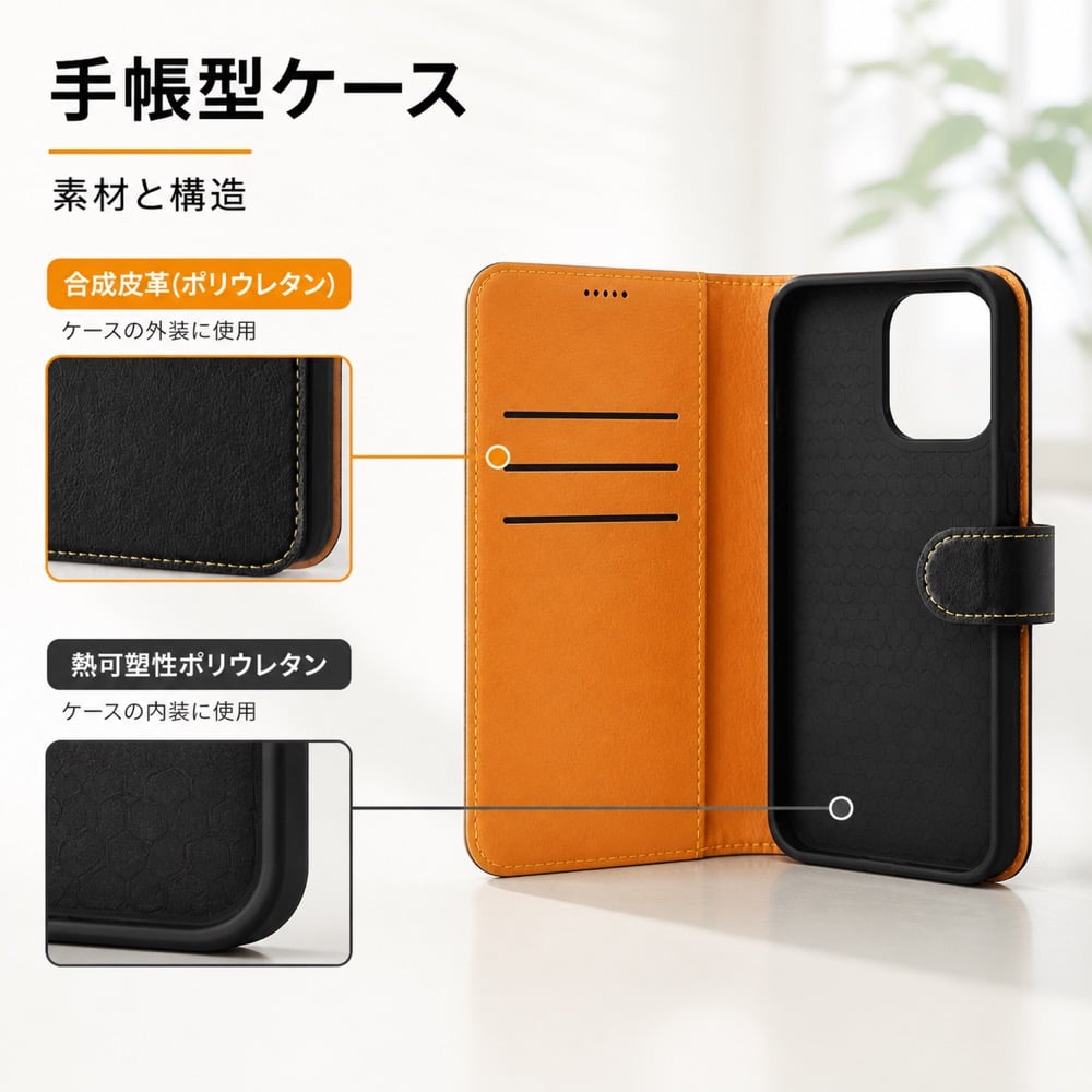 iPhone 15 Pro Max ケース 手帳型 シンプル ブラック オレンジ