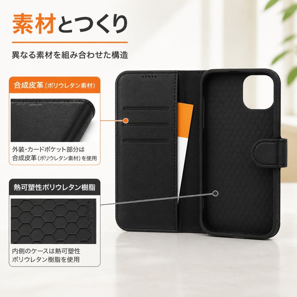 iPhone14 手帳型ケース ブラック 黒 iPhone13 iPhone 14 13 耐衝撃