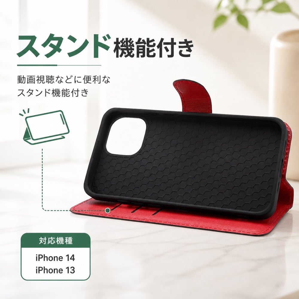 iPhone14 手帳型ケース ブラック レッド iPhone13 iPhone 14 13 耐衝撃