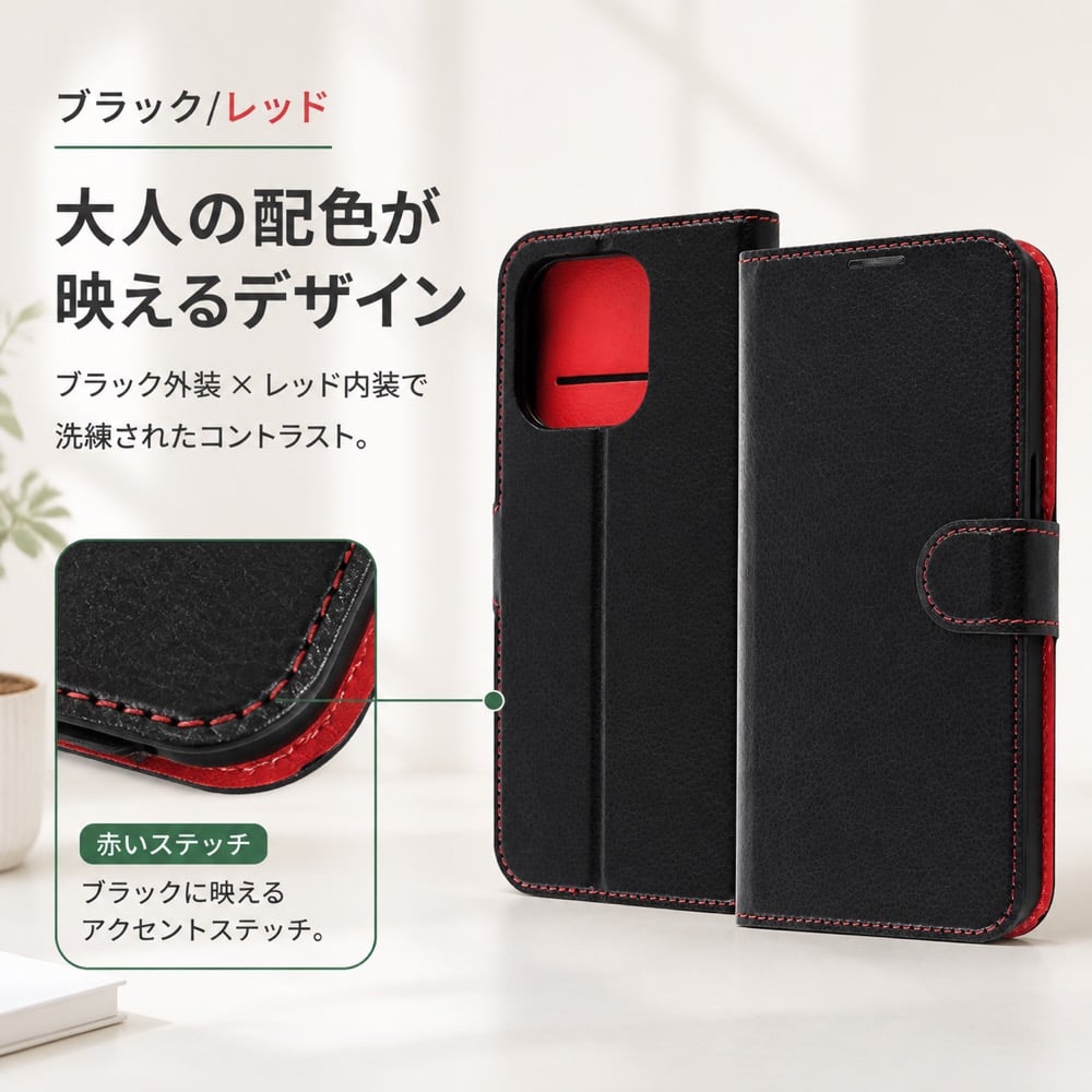 iPhone14Pro 手帳型ケース ブラック レッド 黒 赤 iPhone 14 Pro 耐