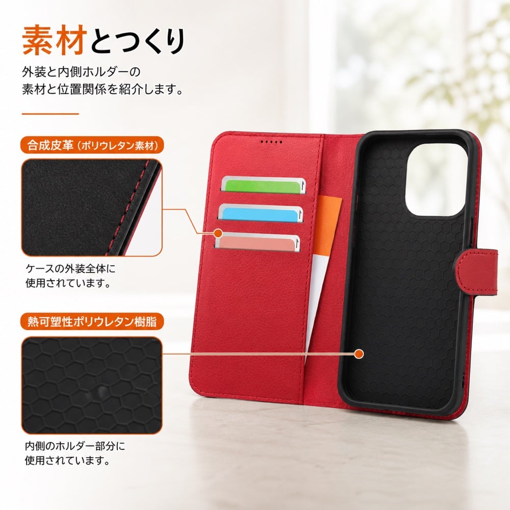 iPhone14Pro 手帳型ケース ブラック レッド 黒 赤 iPhone 14 Pro 耐