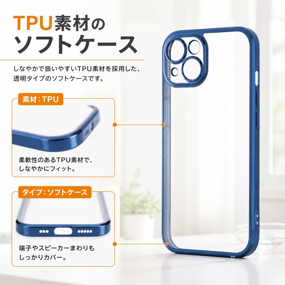 iPhone 15 ケース クリア メタリック ブルー 青 アイフォン15 iPhone15