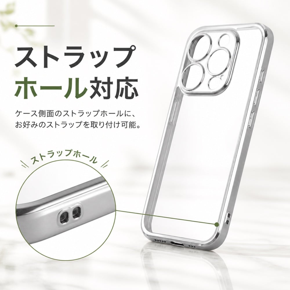 iPhone 15 Pro ケース クリア メタリック シルバー 銀色 フレーム