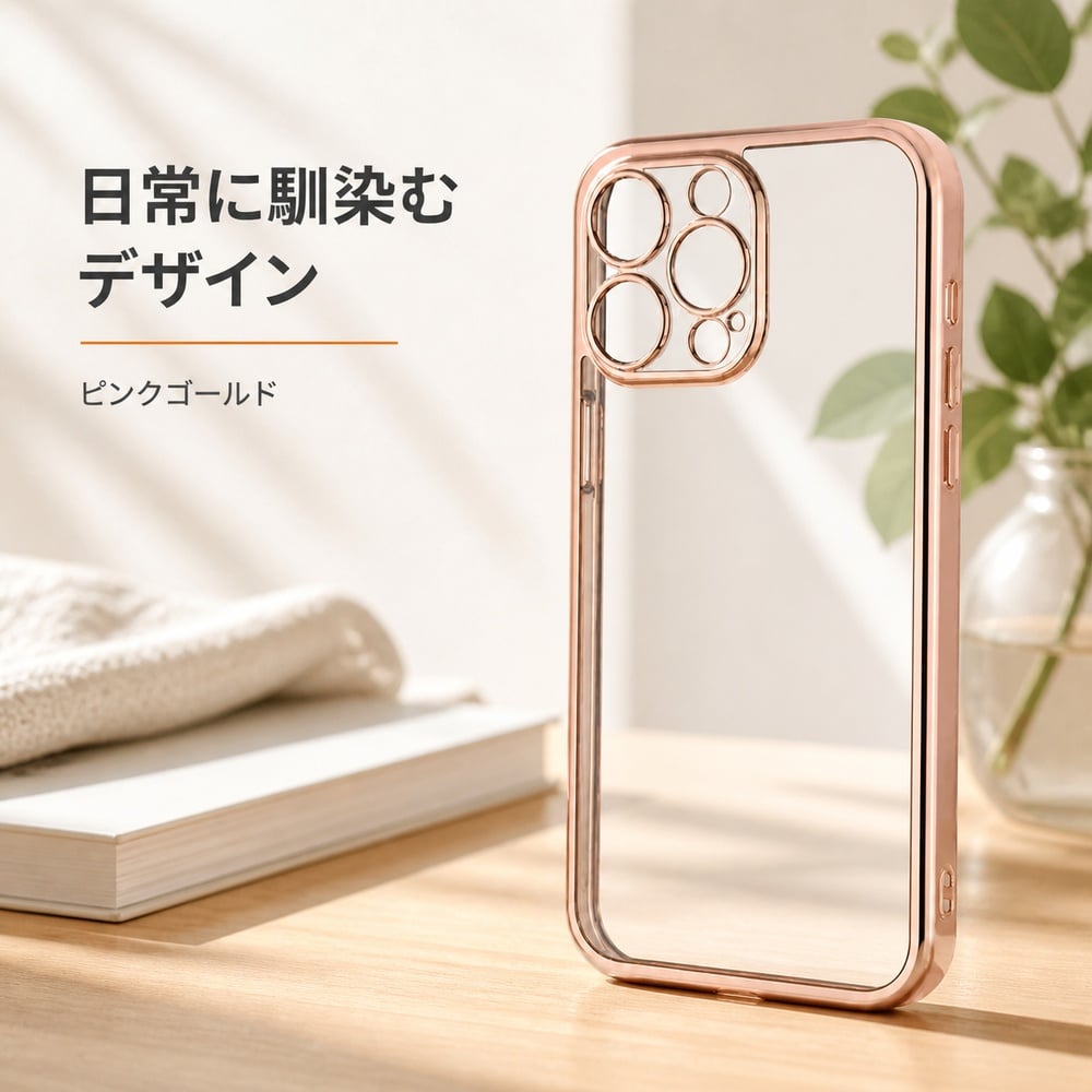 iPhone 15 Pro Max ケース クリア メタリック ピンク ゴールド