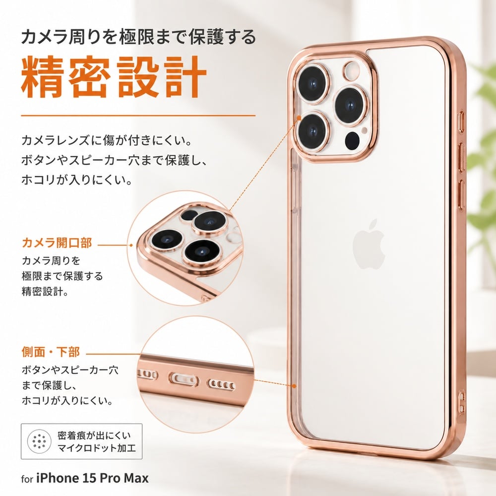 iPhone15pro カメラ保護両面クリアケース　ゴールド　スマホケース iPhone 15 Pro Max ケース クリア メタリック ピンク ゴールド