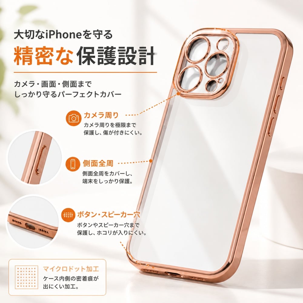 iPhone 15 Pro Max ケース クリア メタリック ピンク ゴールド