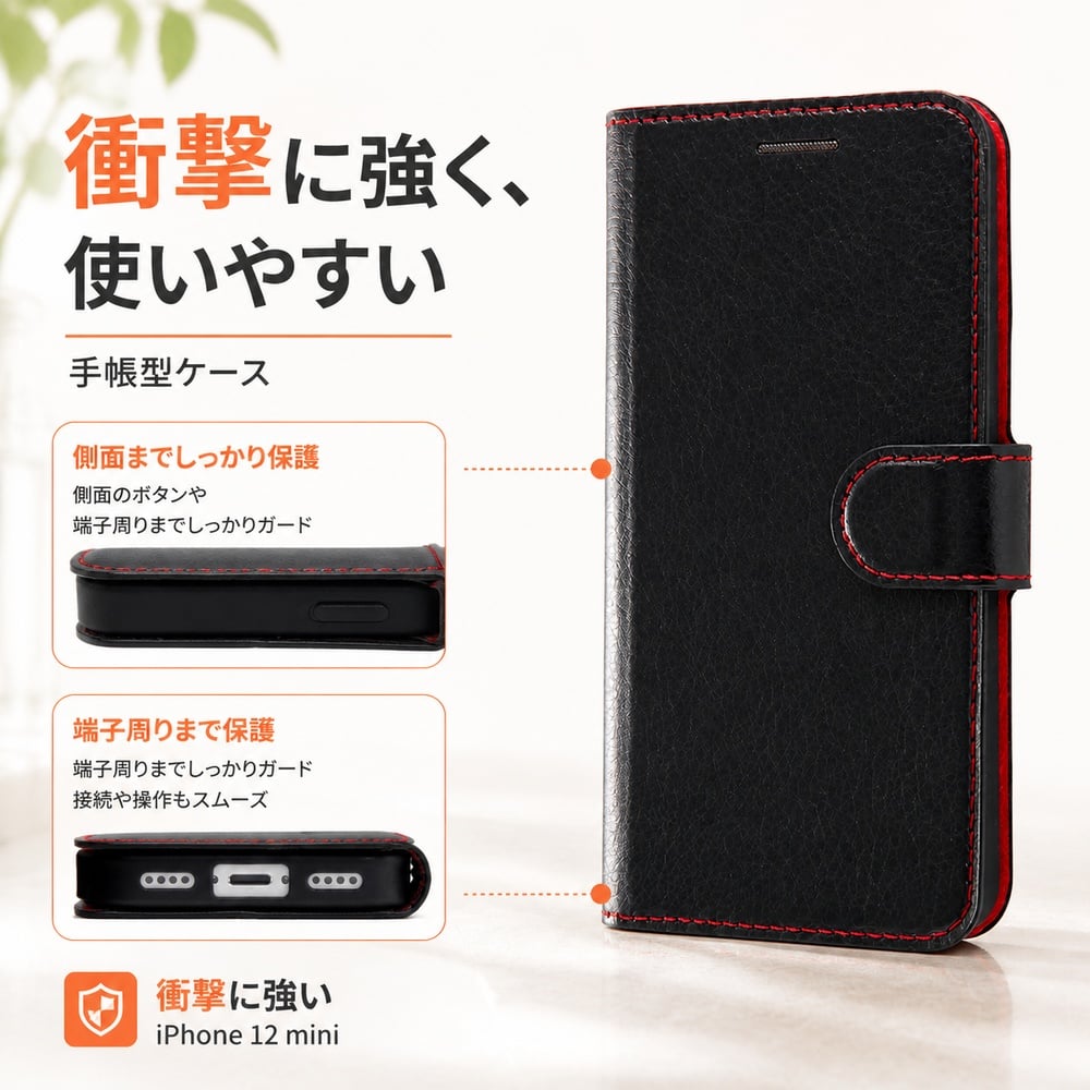 iPhone 12 mini 耐衝撃 手帳型ケース シンプル マグネット/ブラック