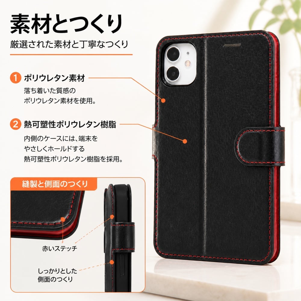 iPhone 12 mini 耐衝撃 手帳型ケース シンプル マグネット/ブラック