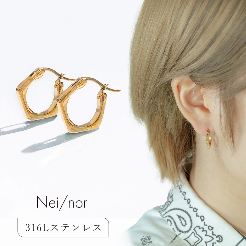フープピアス ピアス ペンタゴン レディース リング シンプル 金属アレルギー対応 ゴールド Nei/nor (ネイナ—) 316L ステンレス PVD  ピアス レディース 韓国