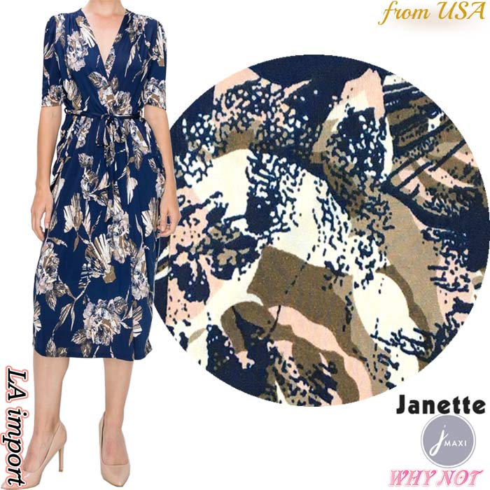 ワンピース 膝下丈 5分袖 Vネック ペンシルスカート ミモレ丈 抽象花柄