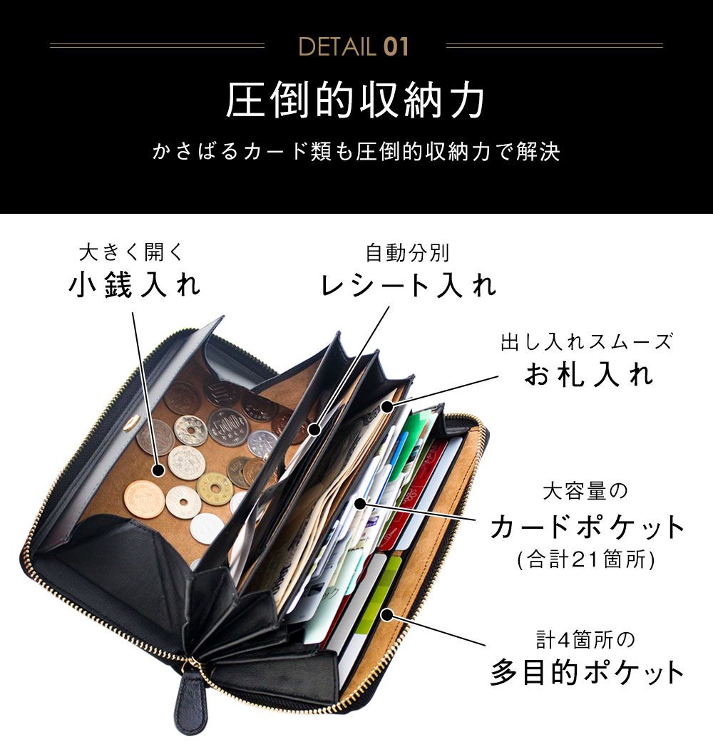 牛革ラウンドファスナー多機能長財布