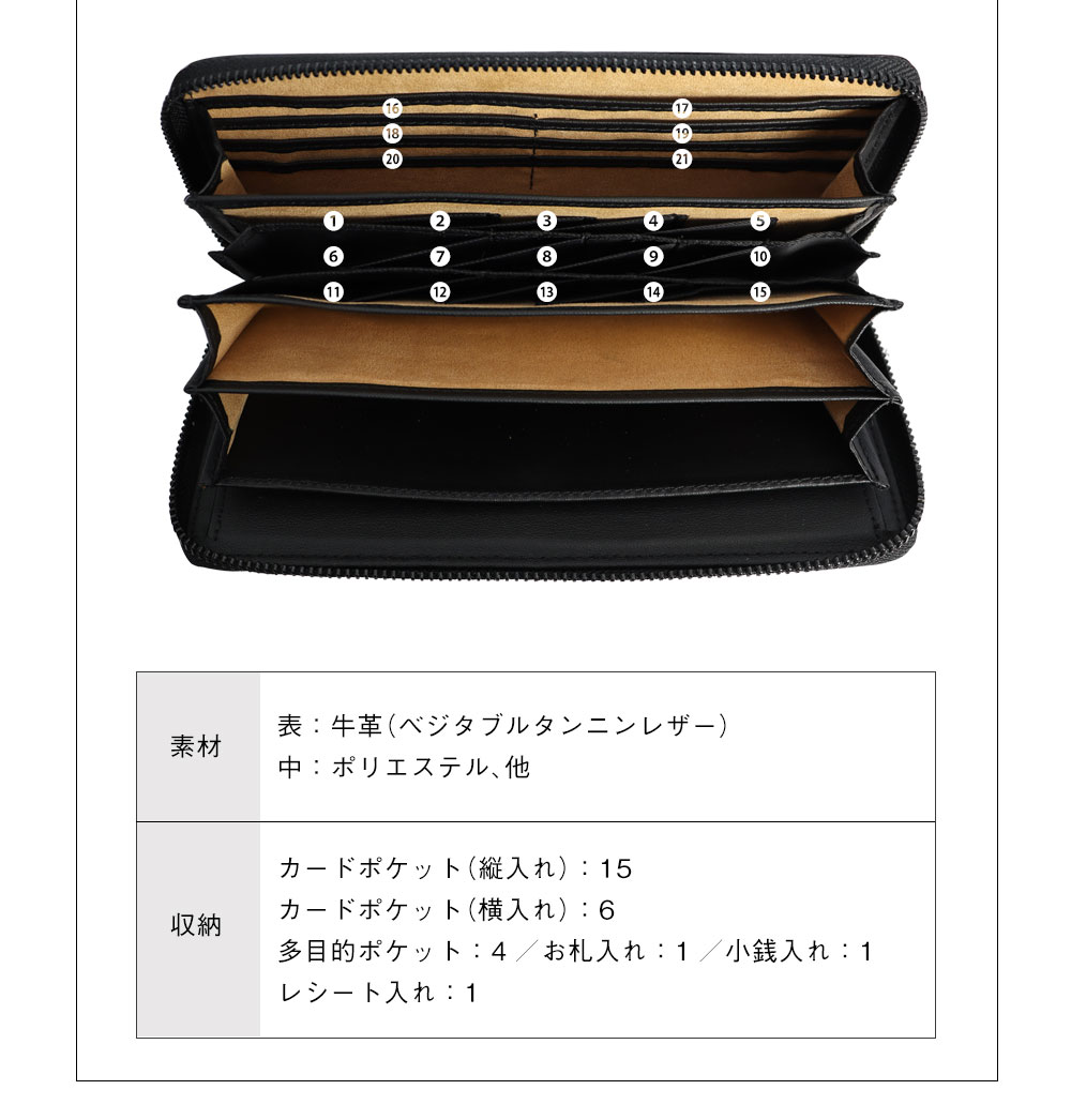 牛革ラウンドファスナー多機能長財布