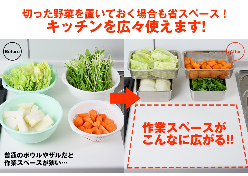 蓋付き深型ステンレスバット＆角型ザルセット 