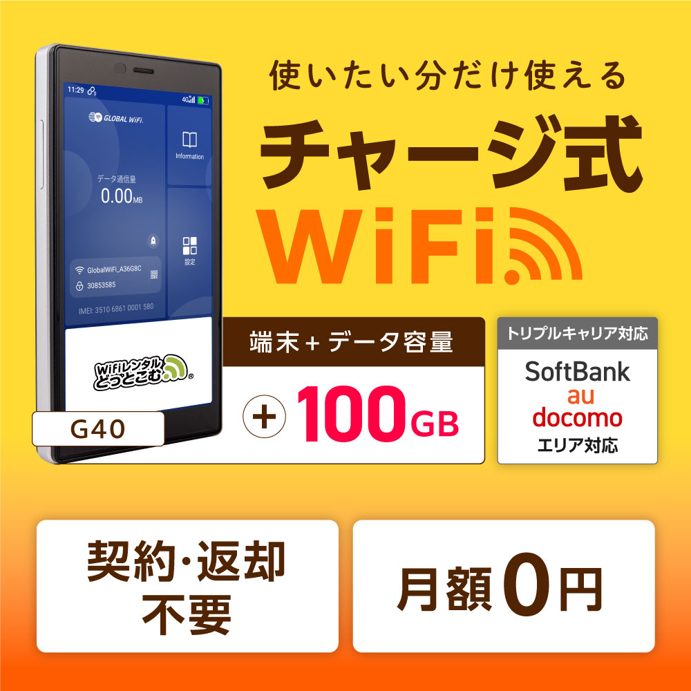 ポケットwifi モバイルルーター チャージwifi wifiルーター モバイルwifi wi-fi モバイルwi-fi G40 100GB  日本国内専用 返却不要 有効期限365日