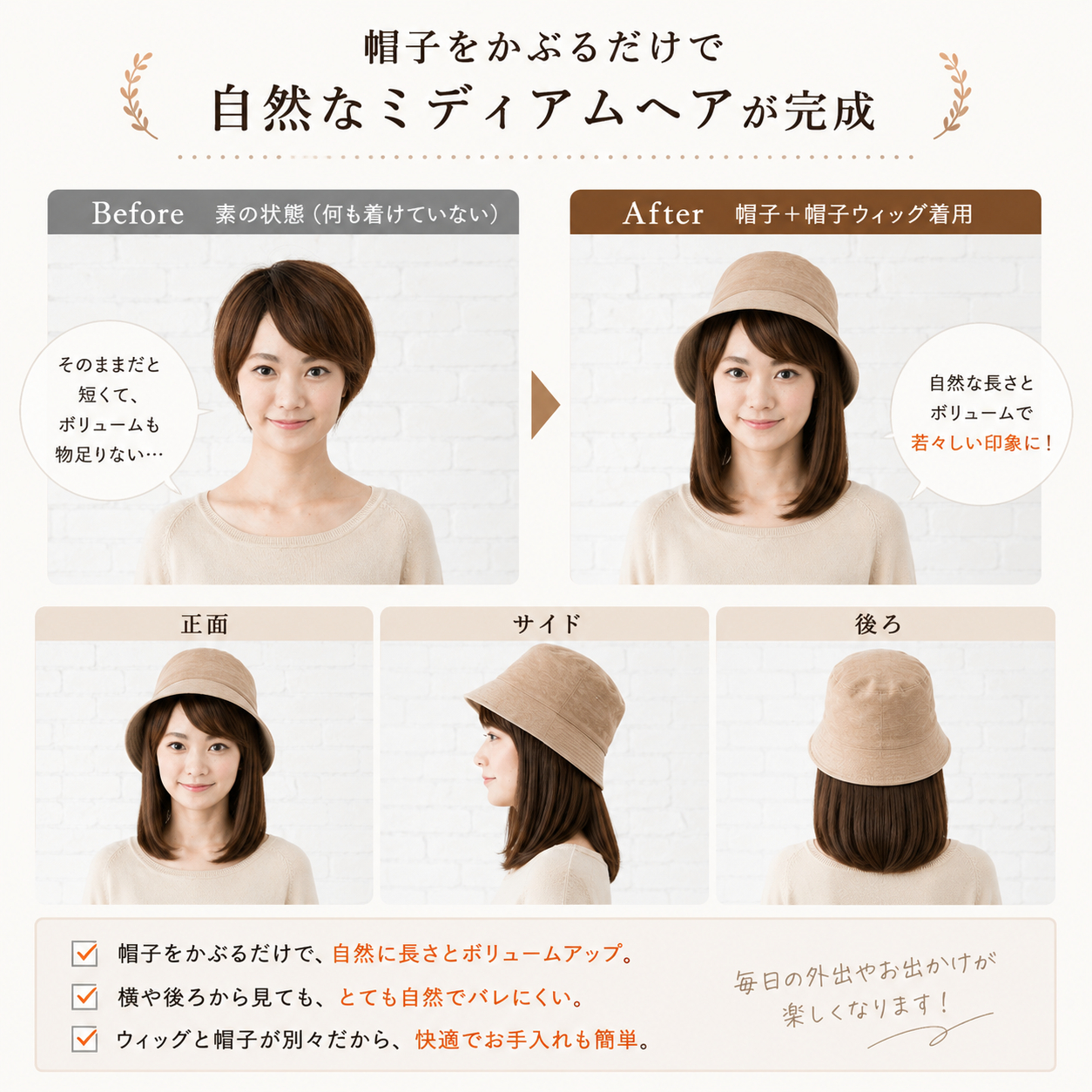 帽子ウィッグ 人毛100% ウィッグ付き帽子 医療用 女性 髪付き帽子 毛付き帽子 かぶるだけ 自然 ミディアム かつら ウイッグ ウィック 抗がん剤 白髪隠し 薄毛 |  | 11