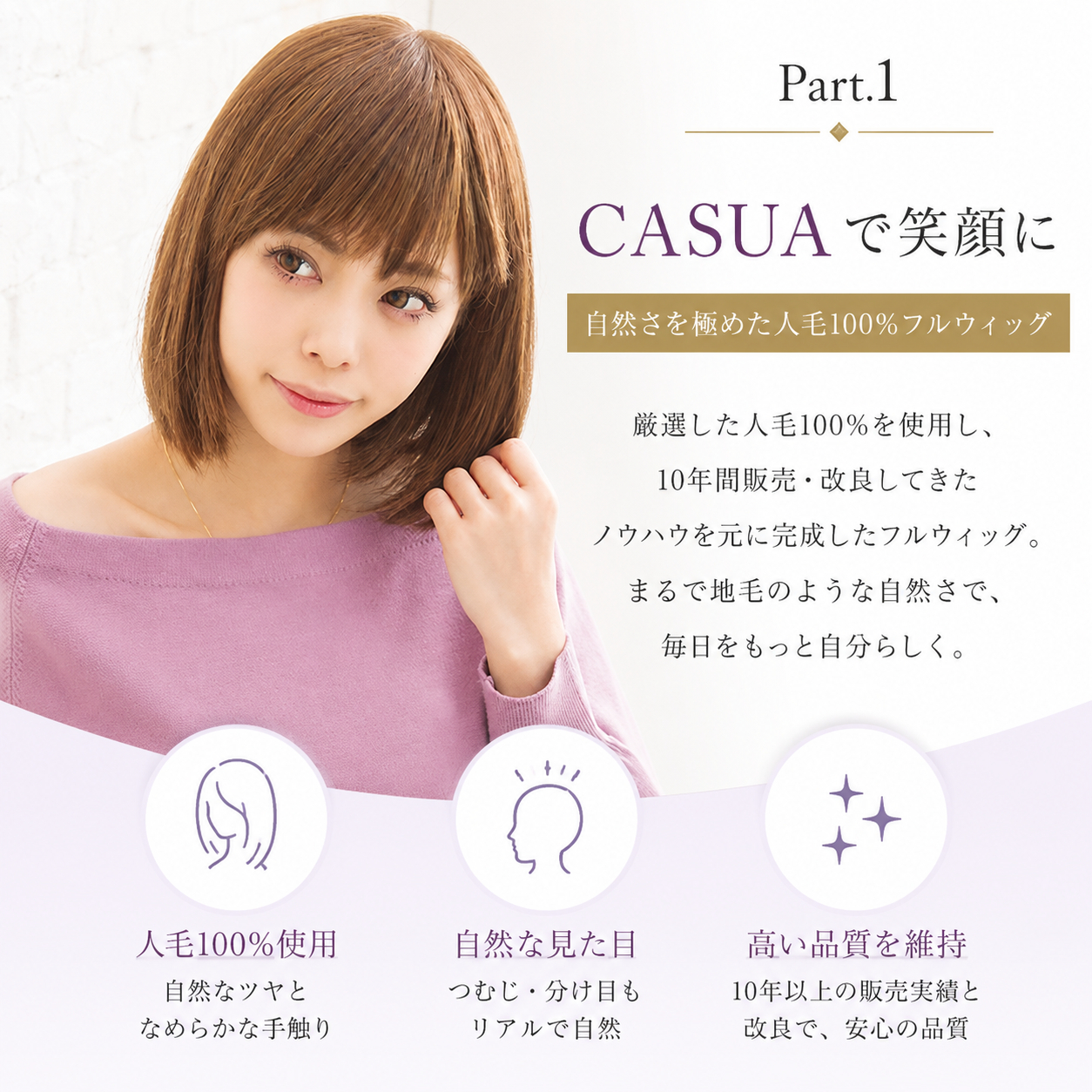 ウィッグ 人毛100% 医療用 女性 自然 ボブ フルウィッグ かつら